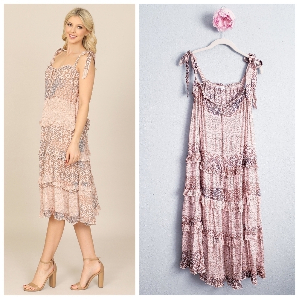 Olivialious Neutral Bohemian Tiered Midi Dress